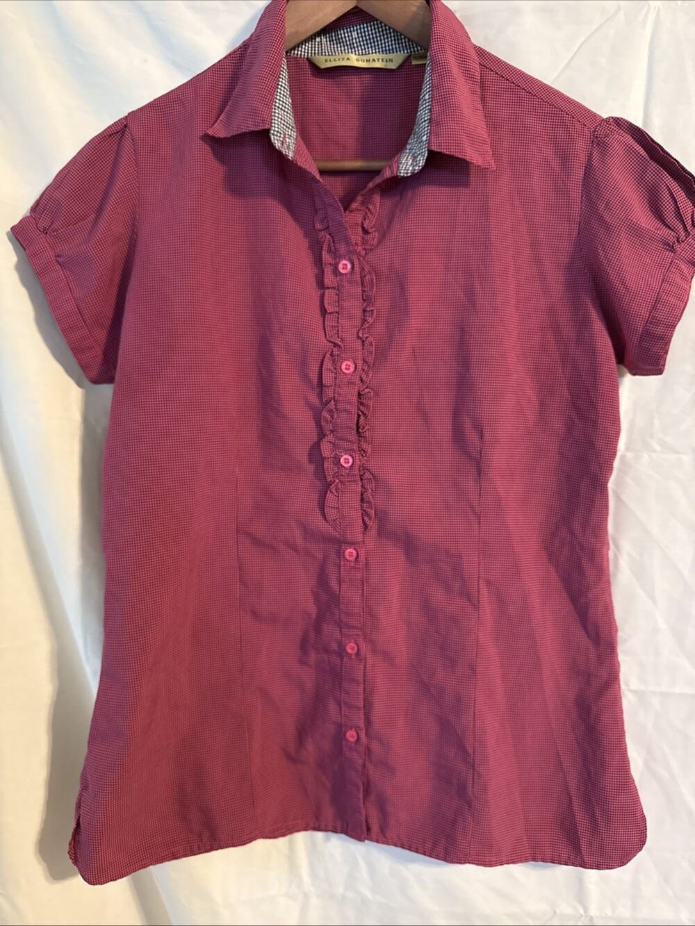 Eliza Donatein Button Down Pink Plaid Shirt Short Sleeve